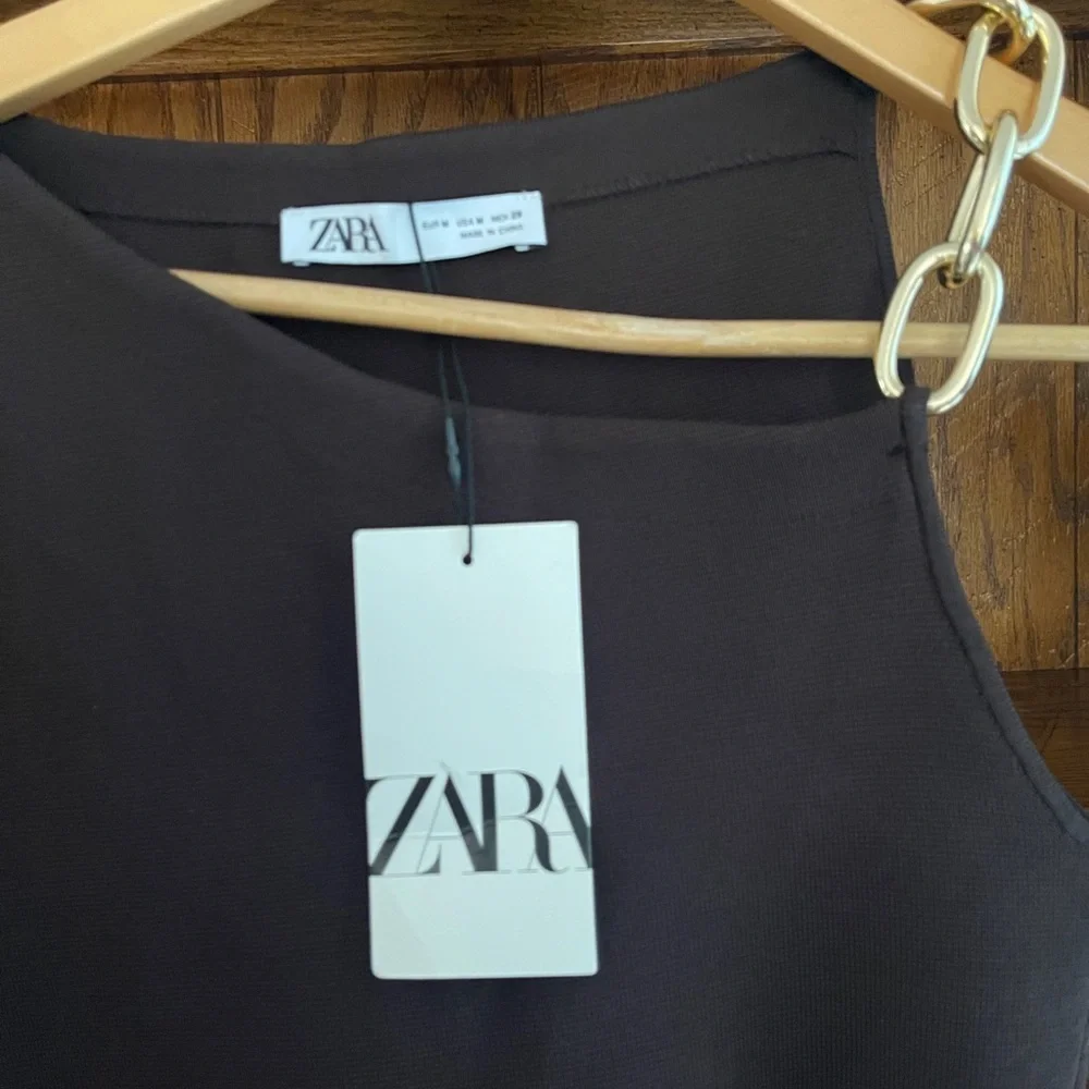 NWT Zara Asymmetric One Shoulder Knit Top w Gold Chain Chocolate Brown Sz S
